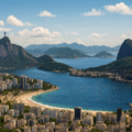 A breathtaking aerial view of Rio de Janeiro, Brazil, featuring Copacabana Beach, Sugarloaf Mountain, and Christ the Redeemer under a bright summer sky.