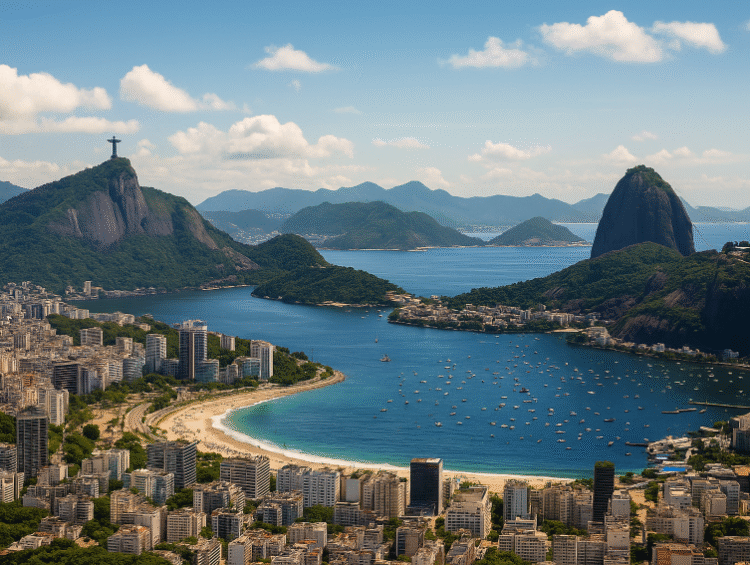 A breathtaking aerial view of Rio de Janeiro, Brazil, featuring Copacabana Beach, Sugarloaf Mountain, and Christ the Redeemer under a bright summer sky.
