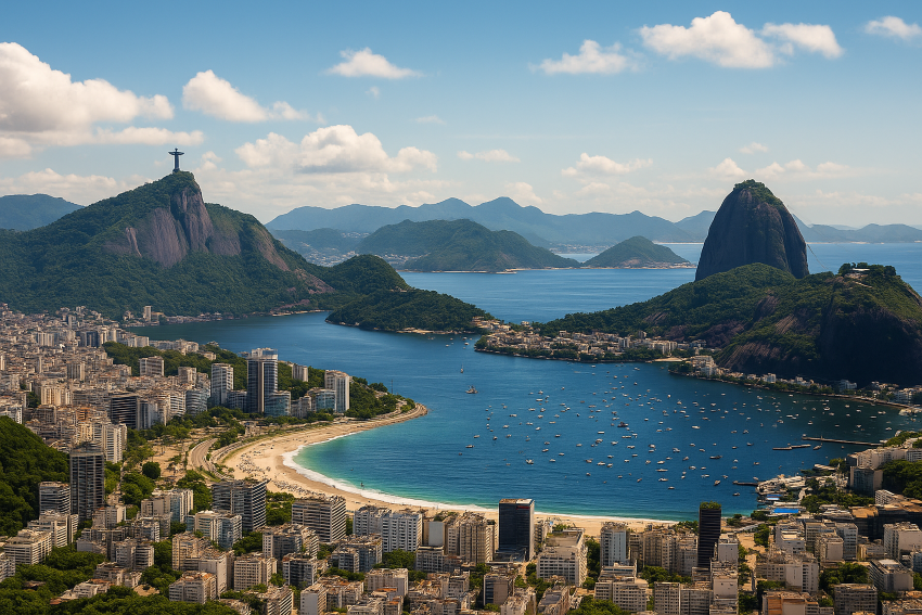 A breathtaking aerial view of Rio de Janeiro, Brazil, featuring Copacabana Beach, Sugarloaf Mountain, and Christ the Redeemer under a bright summer sky.