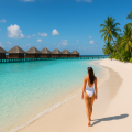 Woman walking along a pristine beach in the Maldives with turquoise waters, overwater villas, and palm trees under a clear blue sky.