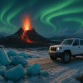 A white 4x4 jeep drives through Iceland’s snowy South Coast under the glowing Northern Lights, with an erupting volcano and blue ice boulders framing the winter landscape.