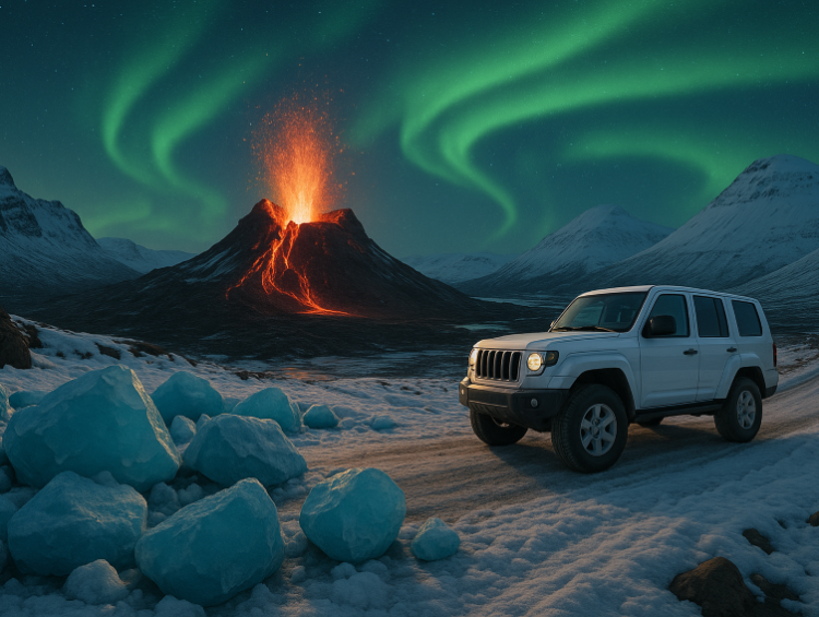 A white 4x4 jeep drives through Iceland’s snowy South Coast under the glowing Northern Lights, with an erupting volcano and blue ice boulders framing the winter landscape.