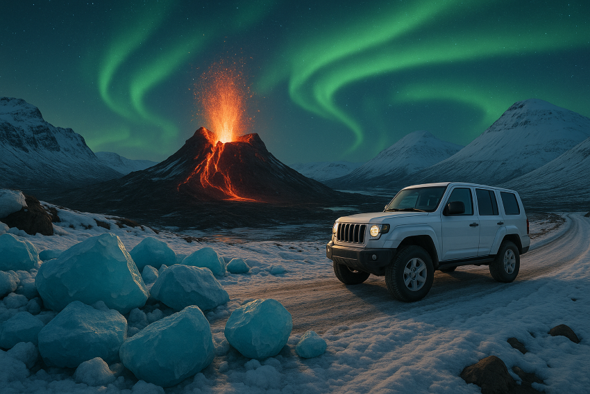 A white 4x4 jeep drives through Iceland’s snowy South Coast under the glowing Northern Lights, with an erupting volcano and blue ice boulders framing the winter landscape.