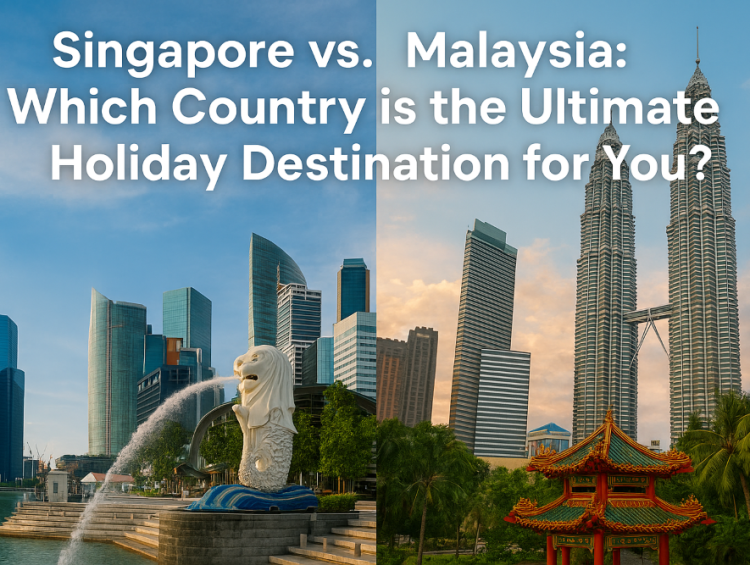 Split-screen comparison of Singapore’s Merlion Park skyline and Malaysia’s Petronas Towers with a traditional pagoda, representing a travel guide on choosing between Singapore and Malaysia as the best holiday destination.
