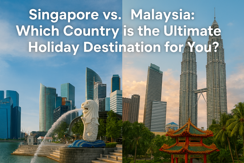 Split-screen comparison of Singapore’s Merlion Park skyline and Malaysia’s Petronas Towers with a traditional pagoda, representing a travel guide on choosing between Singapore and Malaysia as the best holiday destination.