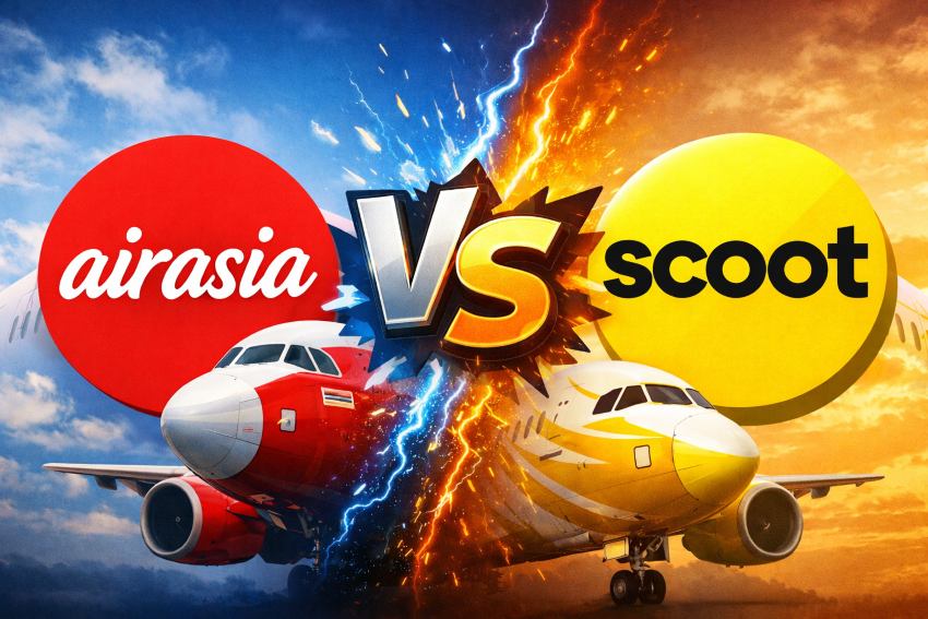 Comparison of AirAsia and Scoot airplanes at an airport terminal in 2026.