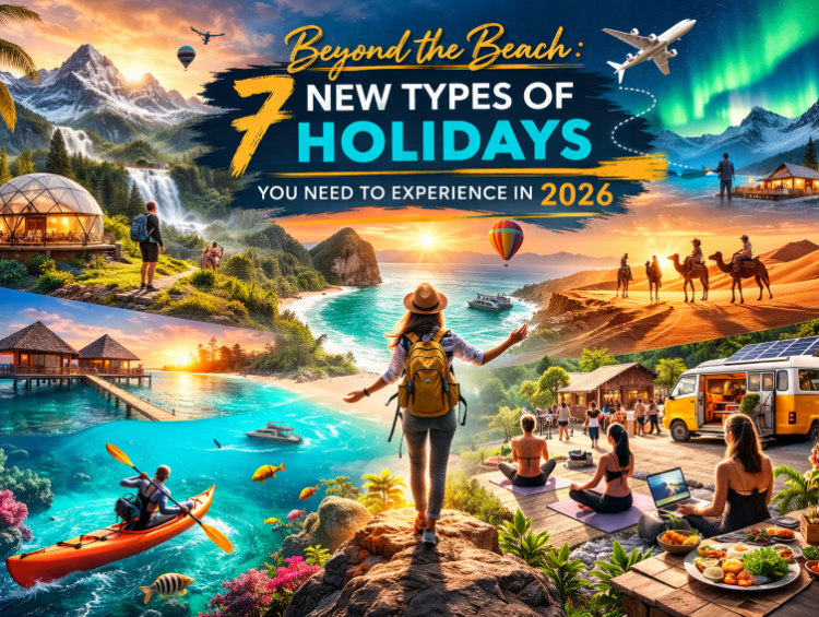Vibrant 3:2 landscape travel collage featuring seven unique holiday experiences for 2026 including mountain trekking, desert safari, overwater villas, kayaking, hot air ballooning, Northern Lights cabin stay, wellness retreat, and cultural city cycling adventure.