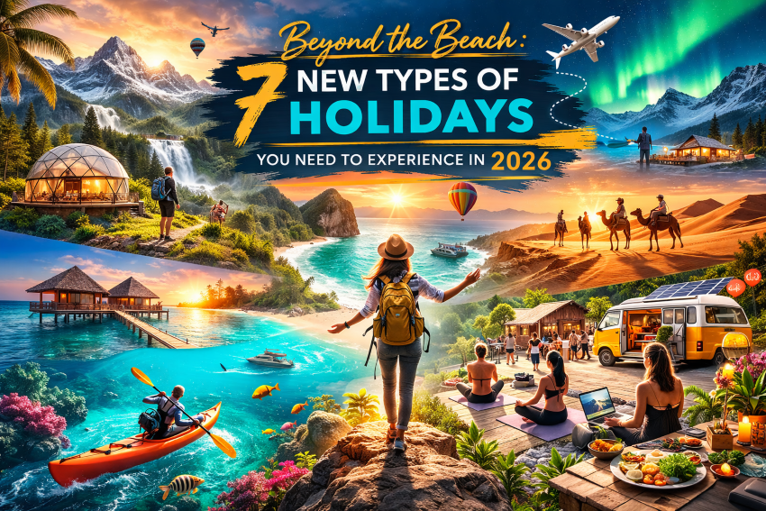 Vibrant 3:2 landscape travel collage featuring seven unique holiday experiences for 2026 including mountain trekking, desert safari, overwater villas, kayaking, hot air ballooning, Northern Lights cabin stay, wellness retreat, and cultural city cycling adventure.