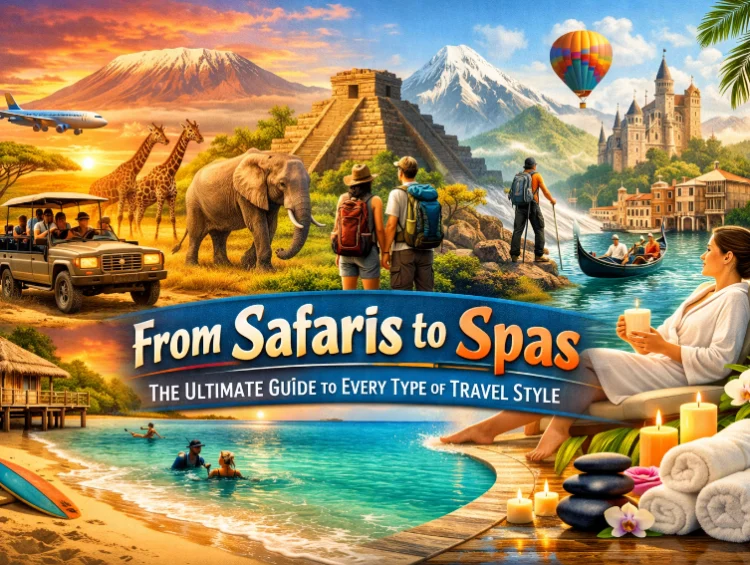 African safari wildlife, tropical beach resort, cultural landmarks, adventure hiking, and luxury spa retreat collage representing different travel styles around the world.