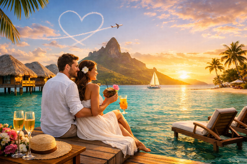 Romantic honeymoon couple sitting on an overwater bungalow deck, enjoying tropical drinks at sunset with turquoise waters, palm trees, and a sailboat in the background.