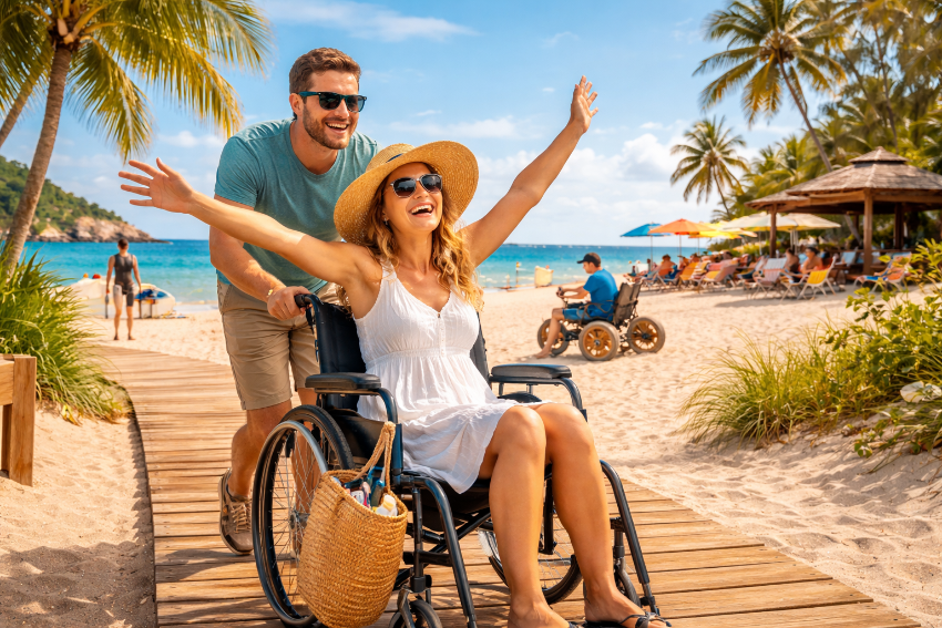 Joyful woman in a wheelchair being pushed along a wooden beach path by her partner, surrounded by palm trees, turquoise waters, colorful umbrellas, and other accessible travelers enjoying a sunny coastal vacation.