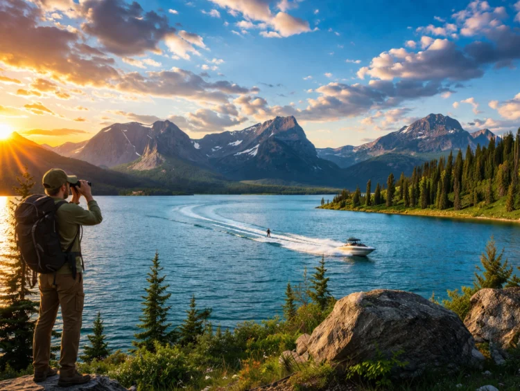 Hiker using binoculars overlooking a pristine Montana mountain lake at sunset while a speedboat pulls a waterskier across turquoise water surrounded by rugged peaks and evergreen forest