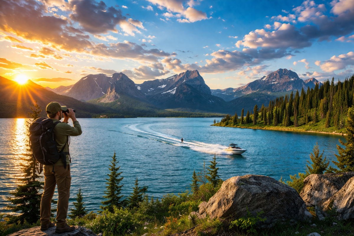 Hiker using binoculars overlooking a pristine Montana mountain lake at sunset while a speedboat pulls a waterskier across turquoise water surrounded by rugged peaks and evergreen forest